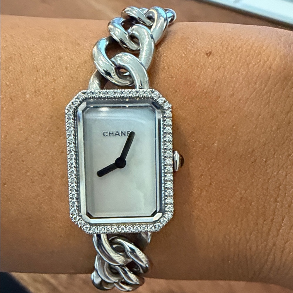 CHANEL Silver Chain-Link Bracelet Watch with Mother-of-Pearl Dial